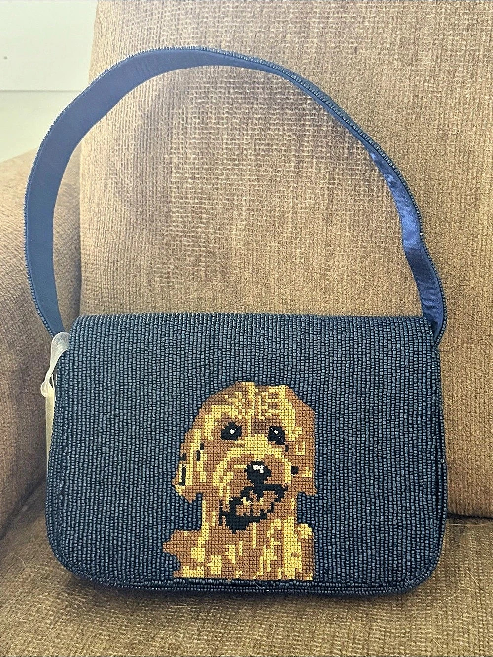 Hand Beaded Goldendoodle Shoulder Bag Blue & Gold NWT